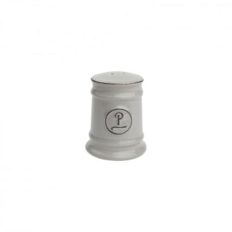 Elegant grey ceramic pepper shaker, 58mm diameter, 74mm height, microwave and dishwasher safe, enhances dining experience.