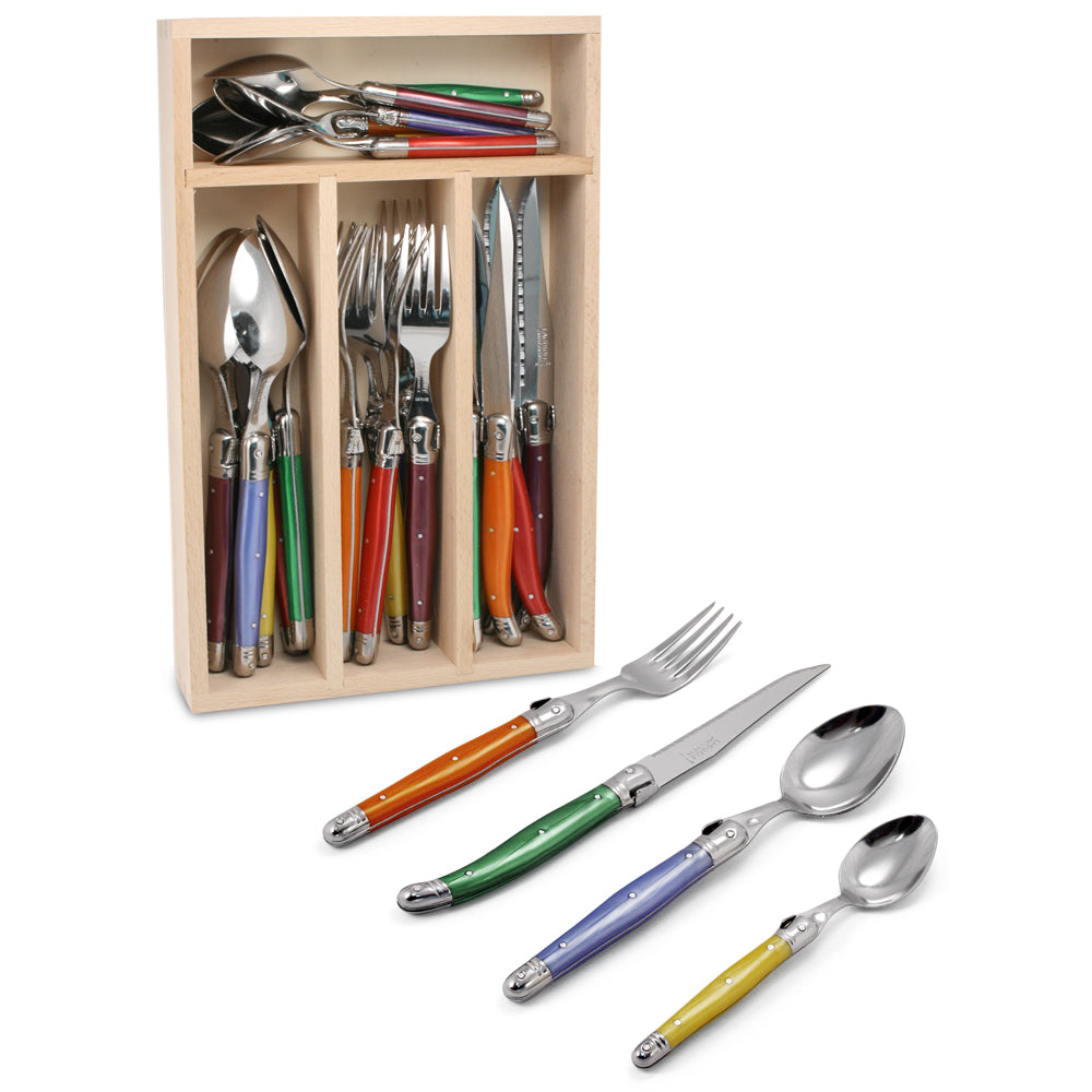 24 piece Laguiole cutlery set with vibrant resin handles and stainless steel blades, perfect for elegant dining experiences.