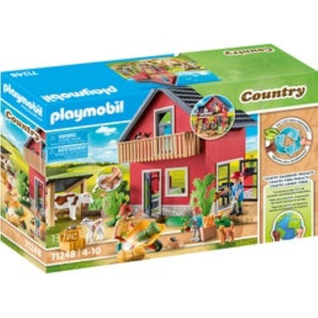 Playmobil Farmhouse set featuring three figures, cow and calf, with sustainable materials and outdoor area for imaginative play.