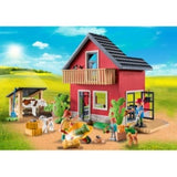 Playmobil Farmhouse playset with outdoor area, featuring figures, shelter, cow, calf, and eco-friendly materials.