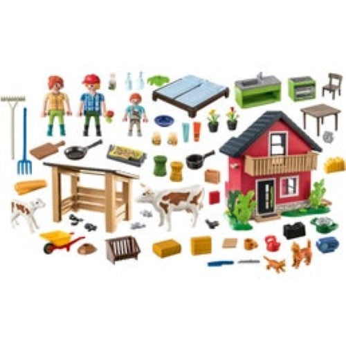 Playmobil Farmhouse playset with figures, cow and calf, eco-friendly materials, perfect for kids aged 4 and up.