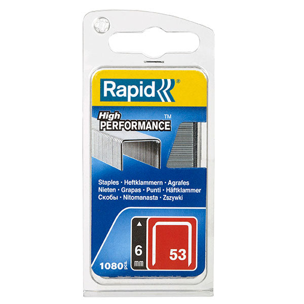 Pack of 5 Rapid Staples 53/6mm for textiles, featuring low visibility design and durable galvanized wire for neat stapling.