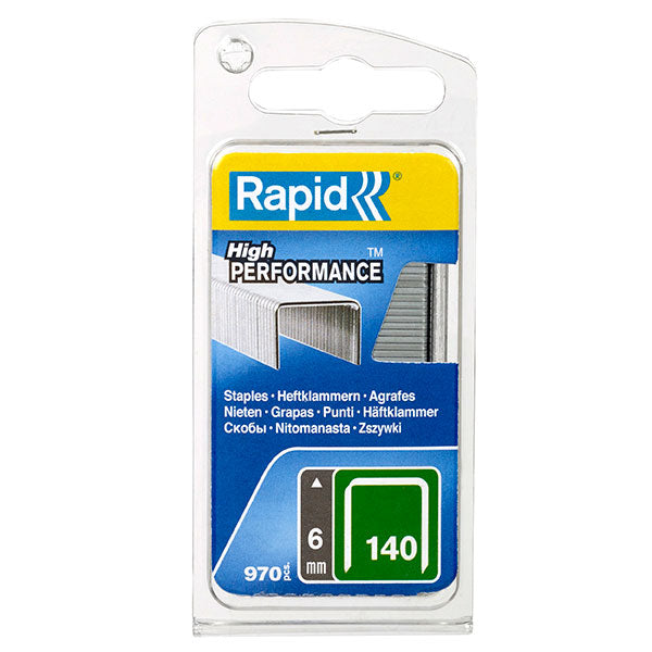 Box of 970 Rapid Staples 140, 6mm, designed for precision stapling of various materials like insulation and cardboard.