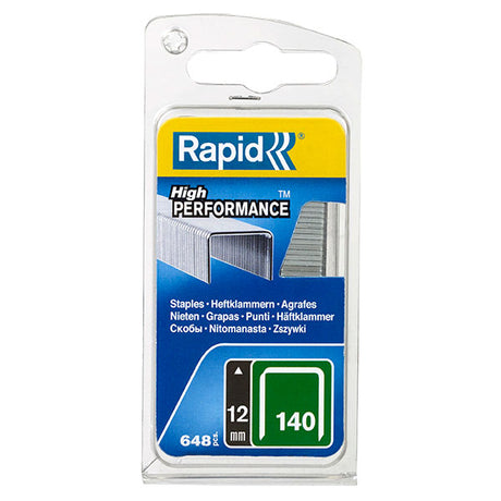 Box of 650 Rapid 140/12mm galvanized staples for insulation, plastics, and cardboard with precision cut legs.