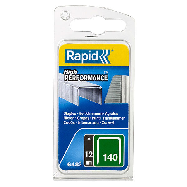 Box of 650 Rapid 140/12mm galvanized staples for insulation, plastics, and cardboard with precision cut legs.