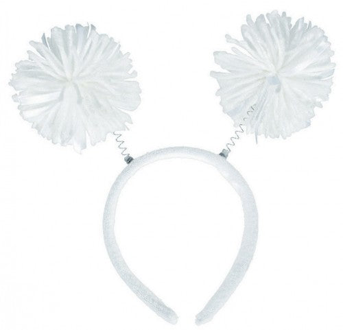 White Pom Pom Headbopper with fluffy pom poms, perfect for parties and festivals, measuring 9'x4.5' for added fun.