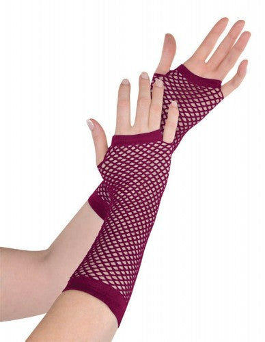 Long burgundy fishnet gloves for a bold, stylish accessory that adds allure to any outfit.