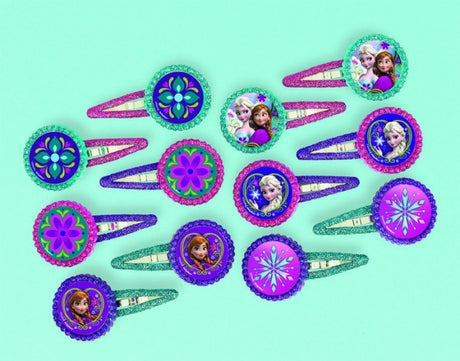 Pack of 12 Frozen hair clips, perfect party favours for kids' Frozen-themed celebrations.