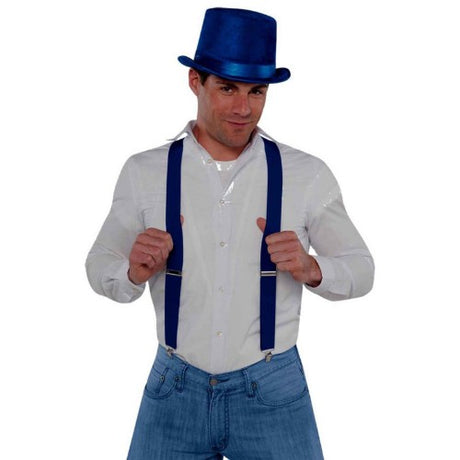 Navy suspenders crafted from 100% polyester, featuring a Y-back design, adjustable fit, and attached clips for style and comfort.