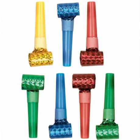 Colorful prismatic blowouts in a pack of 8 for festive celebrations.