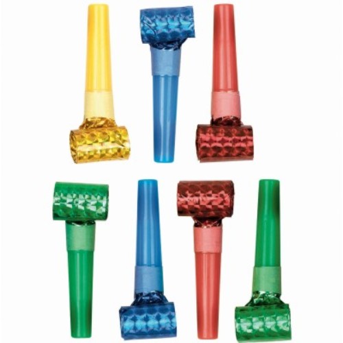Colorful prismatic blowouts in a pack of 8 for festive celebrations.