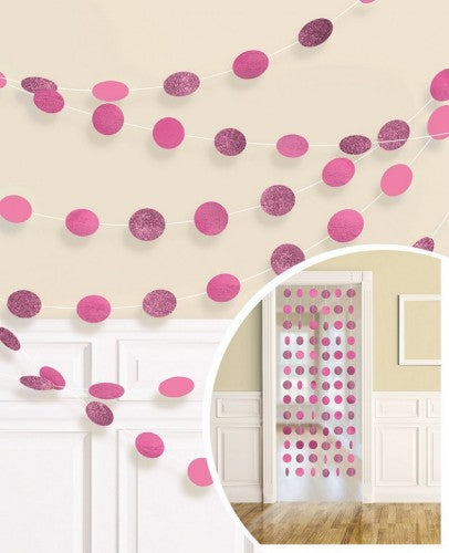 Bright pink glitter round string decorations, 7' long, pack of 6, perfect for festive occasions and parties.