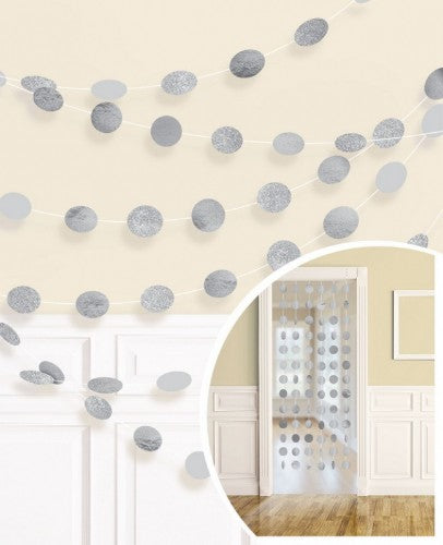 Pack of 6 silver glitter string decorations, each 7 feet long, ideal for adding shimmer to any festive event.