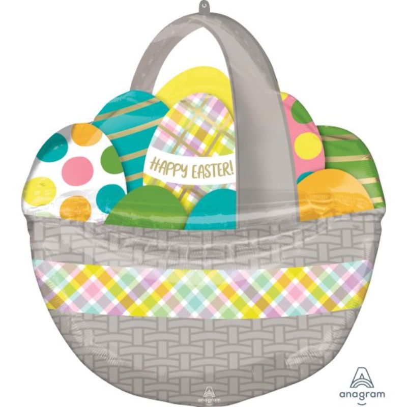 Large self-sealing foil balloon shaped like an Easter egg basket, measuring 63cm x 66cm.
