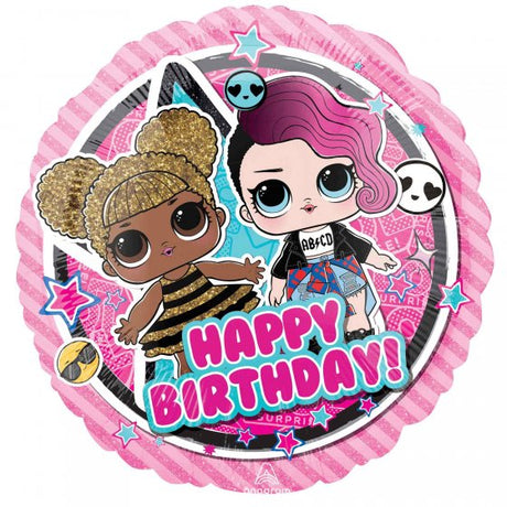 45cm LOL Surprise Happy Birthday balloon featuring vibrant characters, perfect for festive birthday celebrations.