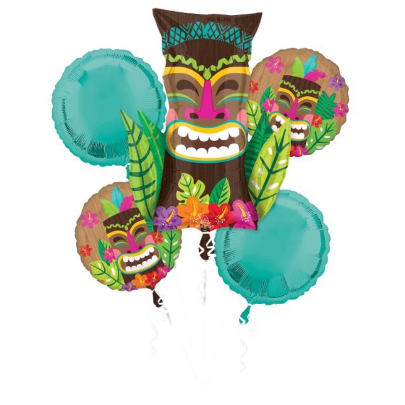 Set of 5 vintage tiki self-sealing foil balloons, vibrant and durable for tropical-themed celebrations.