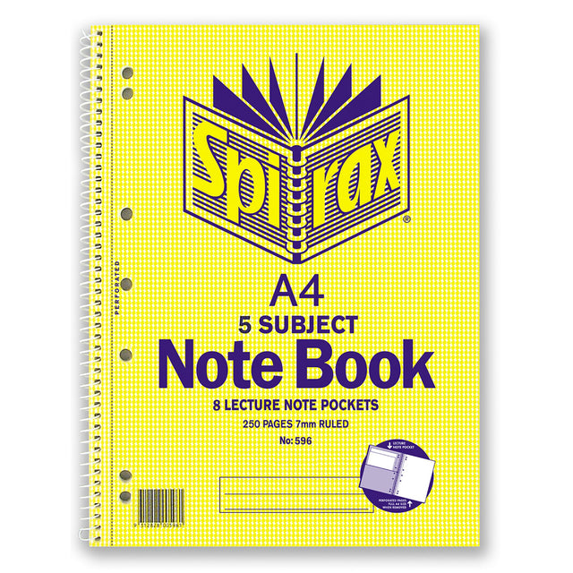 Spirax 596 A4 250-page notebook with 5 subjects, durable cover, and organized sections for efficient note-taking.