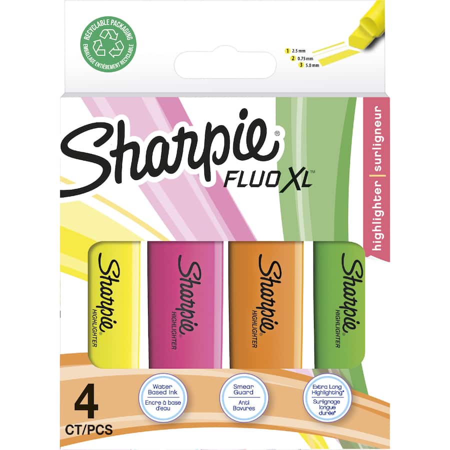 Sharpie Highlighters Flouro Xl Assorted Colours 4pack