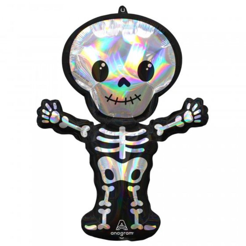 SuperShape holographic iridescent skeleton balloon, 66cm x 86cm, perfect for Halloween and festive events.