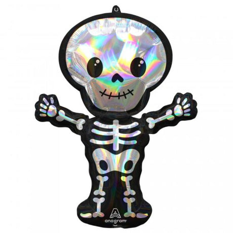 SuperShape holographic iridescent skeleton balloon, 66cm x 86cm, perfect for Halloween and festive events.