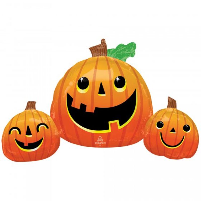 Bright SuperShape XL Smiley Pumpkin Trio Balloon, 88cm x 55cm, perfect for Halloween celebrations and decorations.