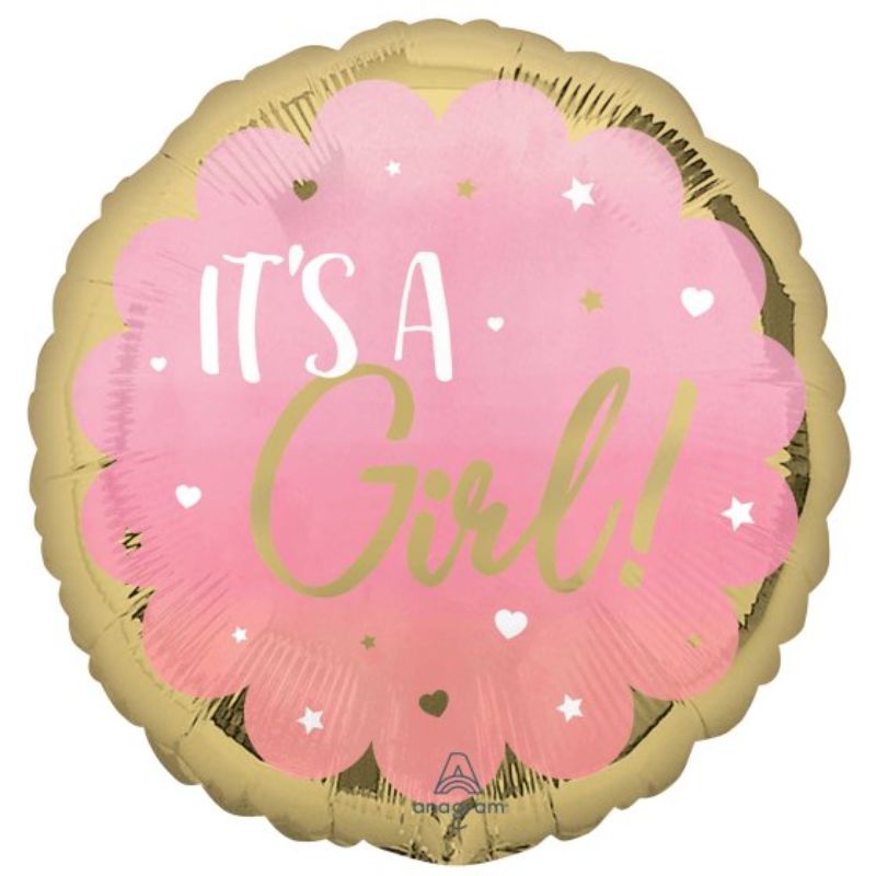 Jumbo HX Shape It's A Girl Pink balloon, 53cm self-sealing foil, perfect for baby showers and gender reveals.