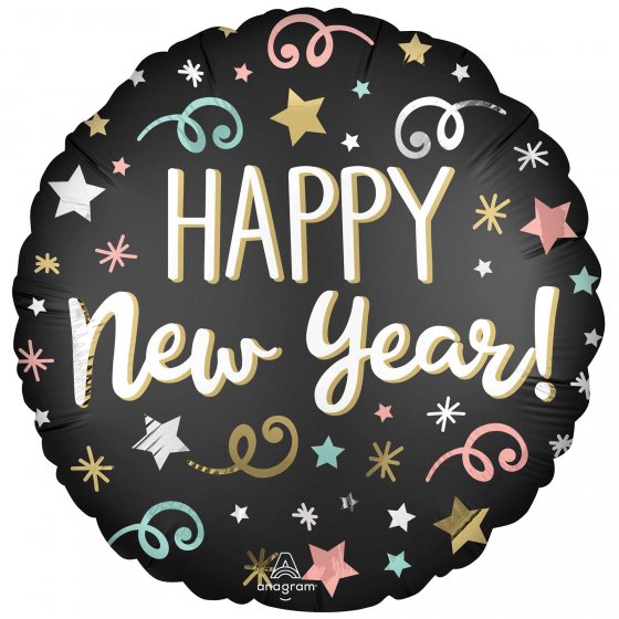 Vibrant Standard XL Confetti Satin New Year Balloon with festive designs, perfect for celebrations and memorable photo backdrops.