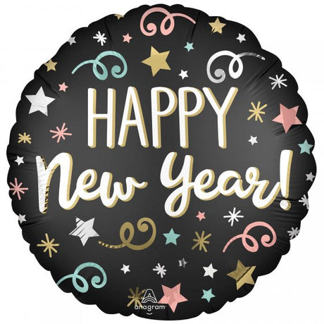 Vibrant Standard XL Confetti Satin New Year Balloon with festive designs, perfect for celebrations and memorable photo backdrops.