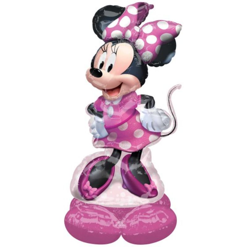 AirLoonz Minnie Mouse Forever balloon, 83cm x 121cm, includes straw and elastic strap for secure inflation.