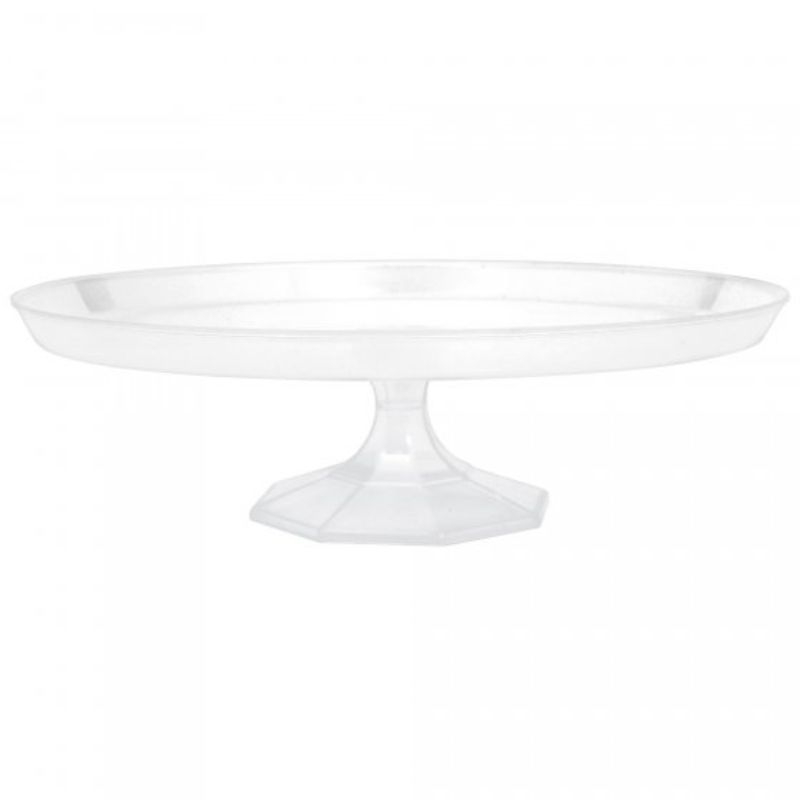 Clear 24cm dessert stand, perfect for showcasing cakes and pastries for any occasion, made of durable, reusable plastic.