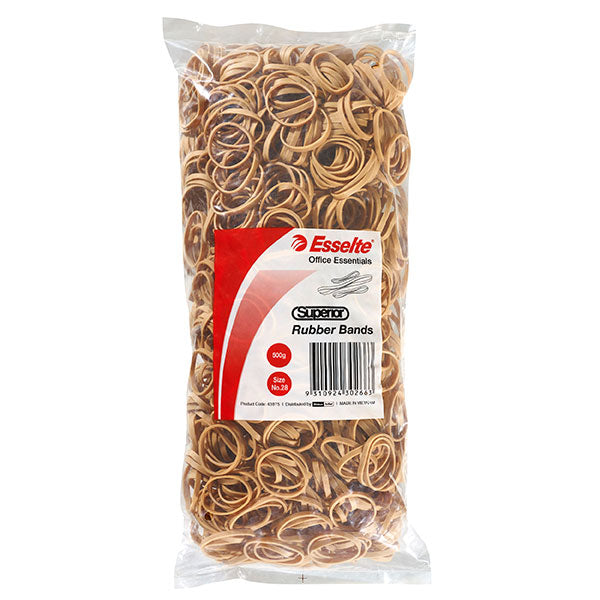 Esselte Superior Size 28 Rubber Bands in a 500g bag, perfect for organizing and bundling items with high durability.