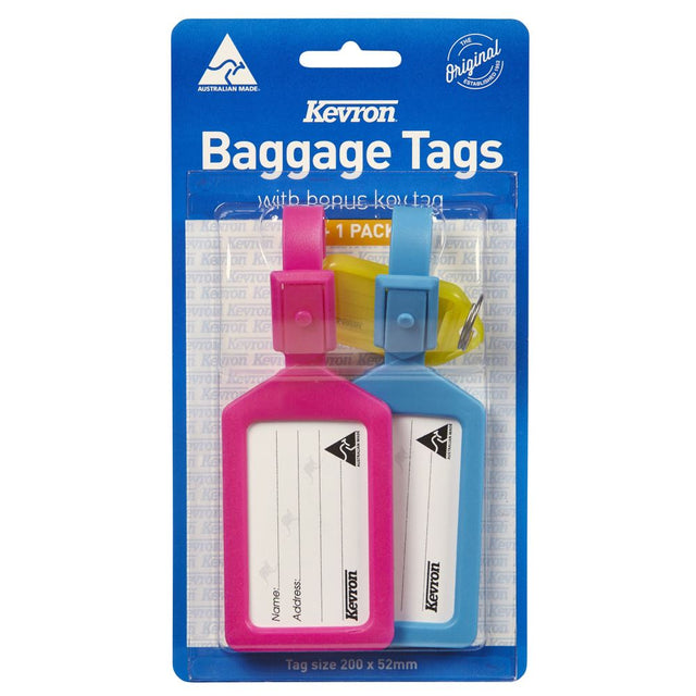 KEVRON TRAVEL PACK includes 2 durable luggage tags and 1 key tag for stylish and reliable travel identification.