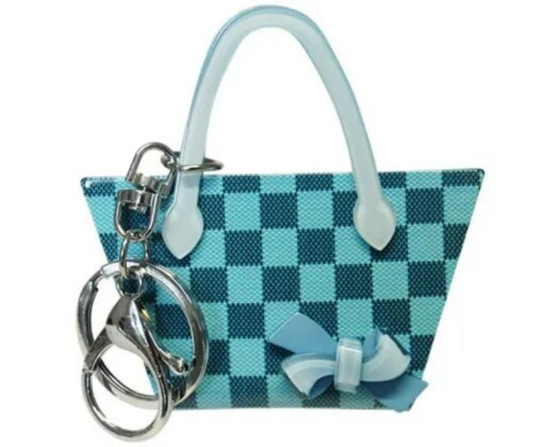 Chic blue ribbon checks handbag keyring, 8cm, stylish and functional accessory for keys and fashion lovers.