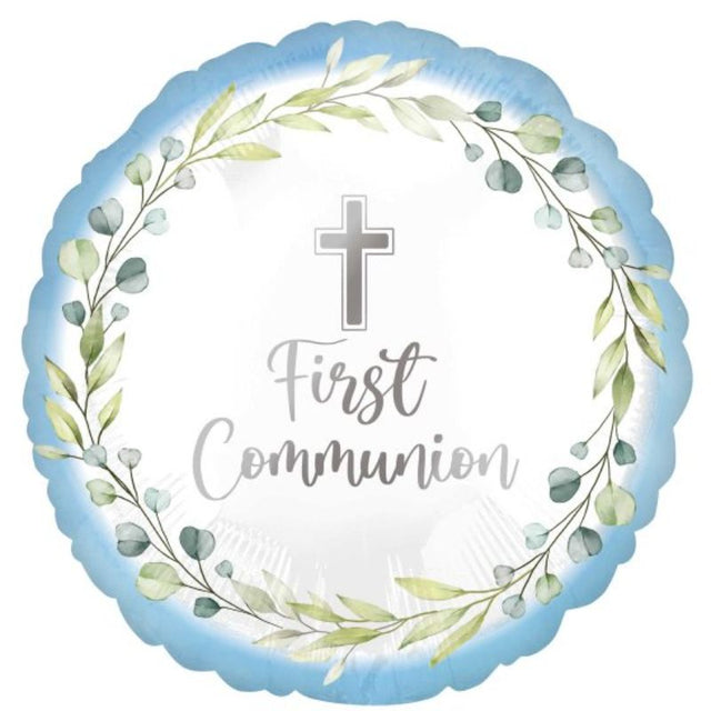 45cm blue foil balloon for My First Communion celebration, durable and vibrant, ideal for decor or photo ops.