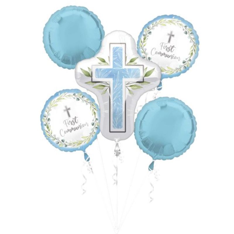 Set of 5 blue foil balloons for First Communion, combining elegance and ease for memorable celebrations.