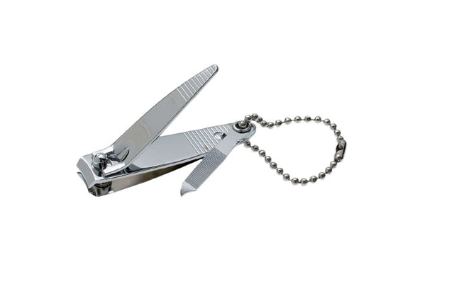 Chrome-plated nail clippers with a nail file and key chain for easy grooming on-the-go.