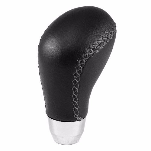 Curved grey stitching gear knob by WILDCAT, featuring premium leather look and universal fit with 5 adaptors for customization.