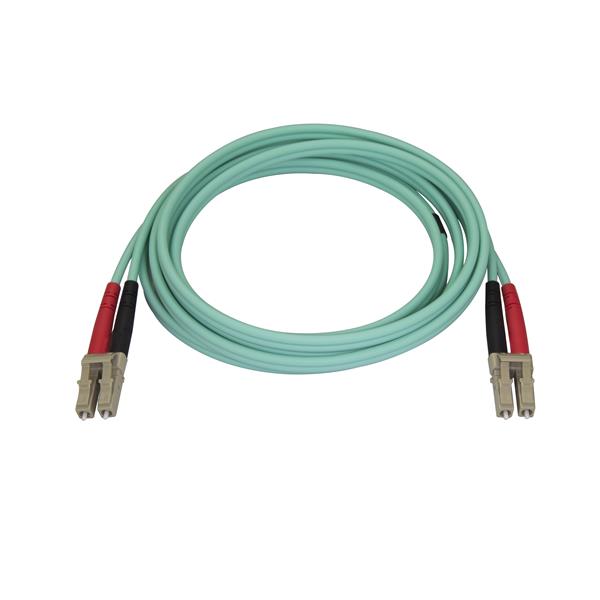 2m Aqua OM4 Duplex Multimode Fiber Optic Cable for 100G networks, LSZH jacket, ideal for data centers and enterprise use.