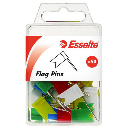 Pack of 50 assorted Esselte flag pins, 10x18mm heads for easy marking and tacking on various surfaces.