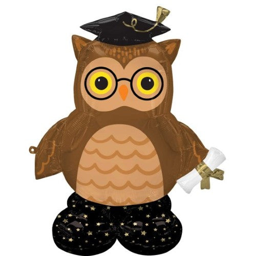AirLoonz Graduate Wise Owl balloon, 96cm x 111cm, whimsical graduation decoration for indoor and outdoor celebrations.