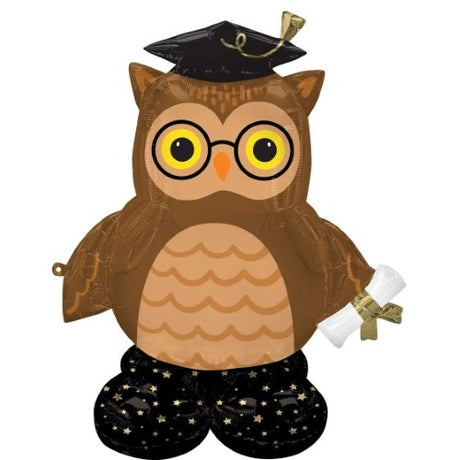 AirLoonz Graduate Wise Owl balloon, 96cm x 111cm, whimsical graduation decoration for indoor and outdoor celebrations.