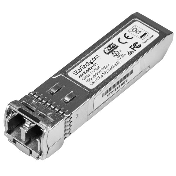 HP 455883-B21 10GBASE-SR SFP+ Fiber Module for 10 GbE connectivity, 850nm wavelength, 300m reach, and hot-swappable design.