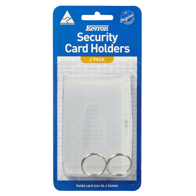 Clear Kevron card holder pack of 2, designed for IDs and business cards with pre-punched holes for lanyards.