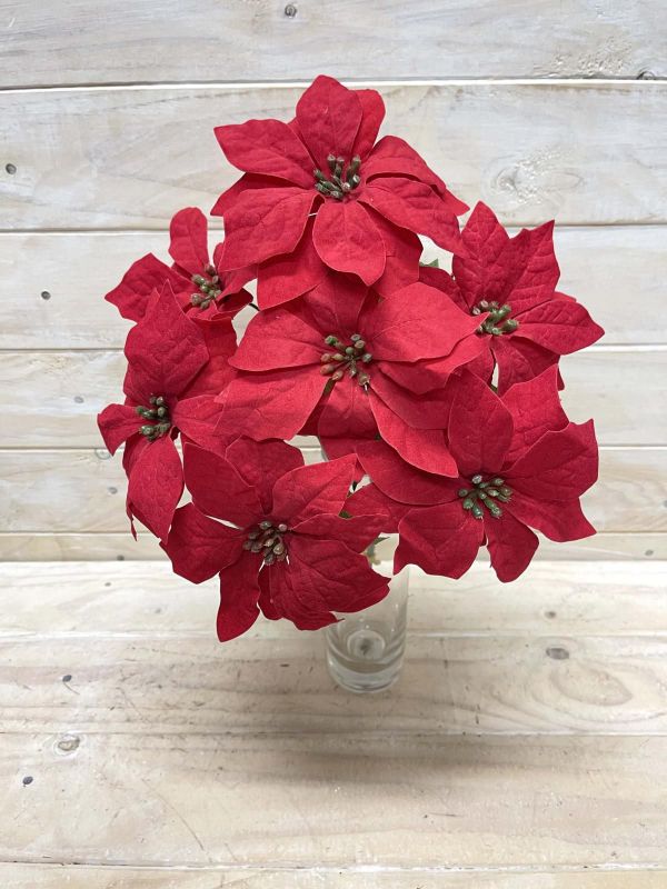 Artificial Flower Bush - Red Poinsettia X 7 (14cm)