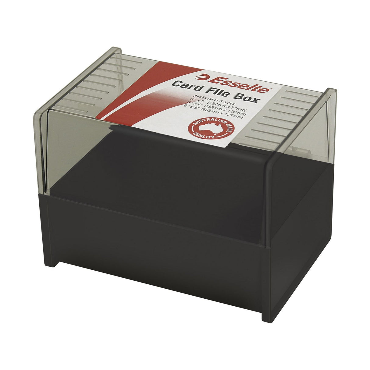 Stylish black Esselte SWS Card File Box, 102x152mm, flip top opens 180 degrees for easy access to organized cards.