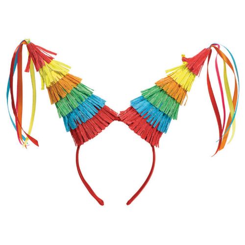 Vibrant Pinata Headband with colorful tissue paper design, perfect for parties and celebrations, measuring 26cm x 26.6cm.