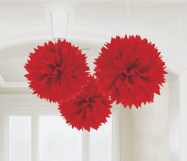 Pack of 3 vibrant Apple Red 16-inch fluffy tissue decorations, perfect for festive celebrations and events.