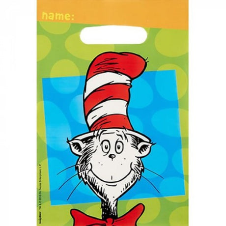 Brightly colored Dr. Seuss folded loot bags featuring whimsical designs, perfect for party favors and celebrations.