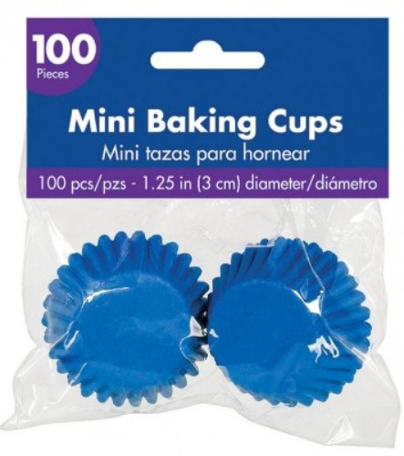 Bright royal blue mini cupcake cases, pack of 100, perfect for showcasing treats at events and parties.