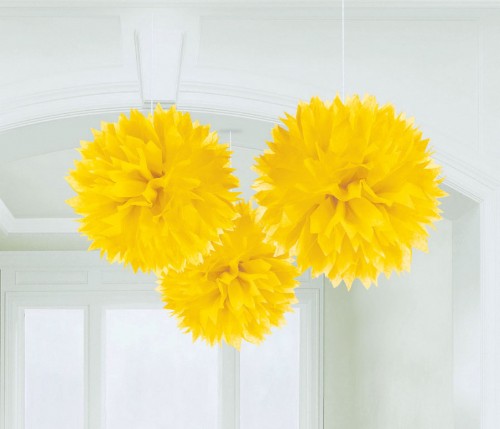 Pack of 3 yellow fluffy tissue pom poms, 16 inches wide, perfect for vibrant party decor and celebrations.
